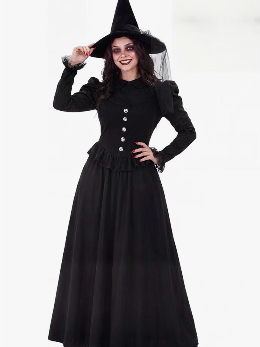 Black Witch Halloween Costume Dress with Hat - Women's Gothic Maxi Dress